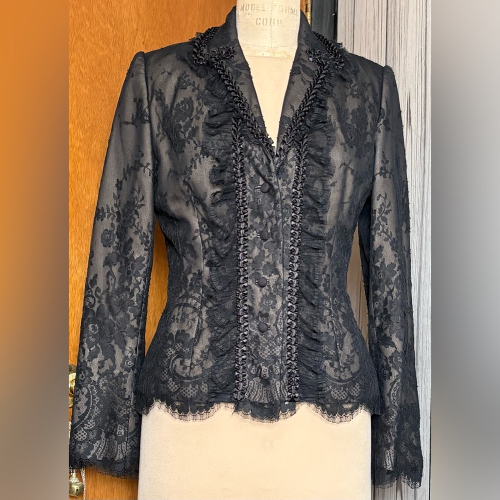 Badgley Mischka Black fine lace ruffle Blazer